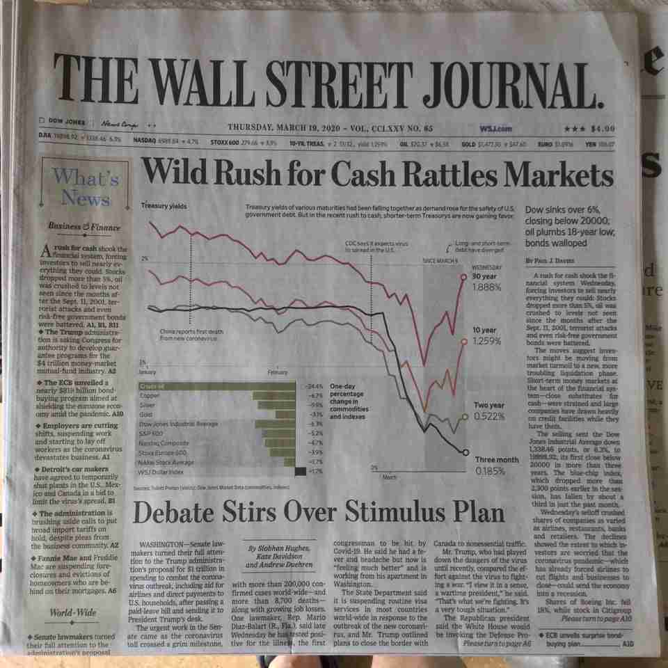 Wall Street Journal newspaper front page above the fold on March 19th, 2020.