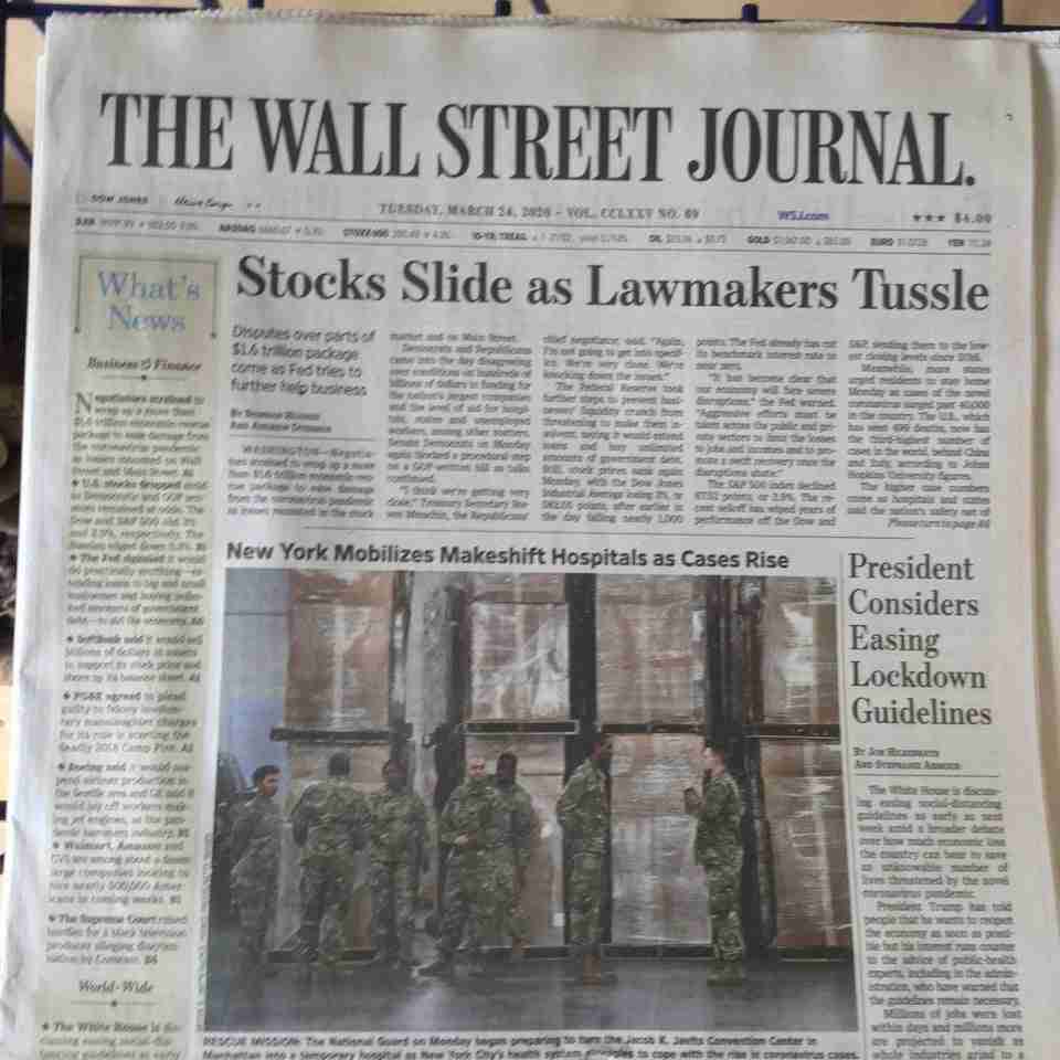 Wall Street Journal newspaper front page above the fold on March 24th, 2020 with the headline: Stocks Slide as Lawmakers Tussle.