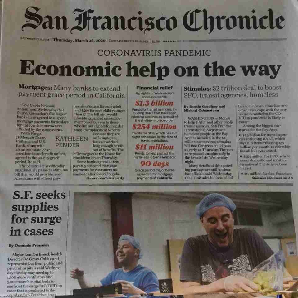 San Francisco Chronicle newspaper front page above the fold on March 26th, 2020, with large print headline: Economic help on the way.