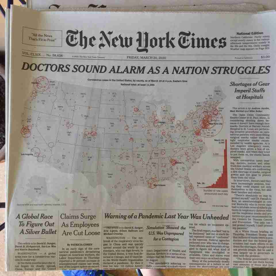New York Times newspaper front page above the fold on March 20th, 2020 with all capitals headline DOCTORS SOUND ALARM AS A NATION STRUGGLES above a map of the United States, each state labeled with its number of cases, red circles around cities proportionate to their numbers, and a red exponentially increasing bar chart of new national cases each day from 5 on February 28th to 3,045 on March 19th.