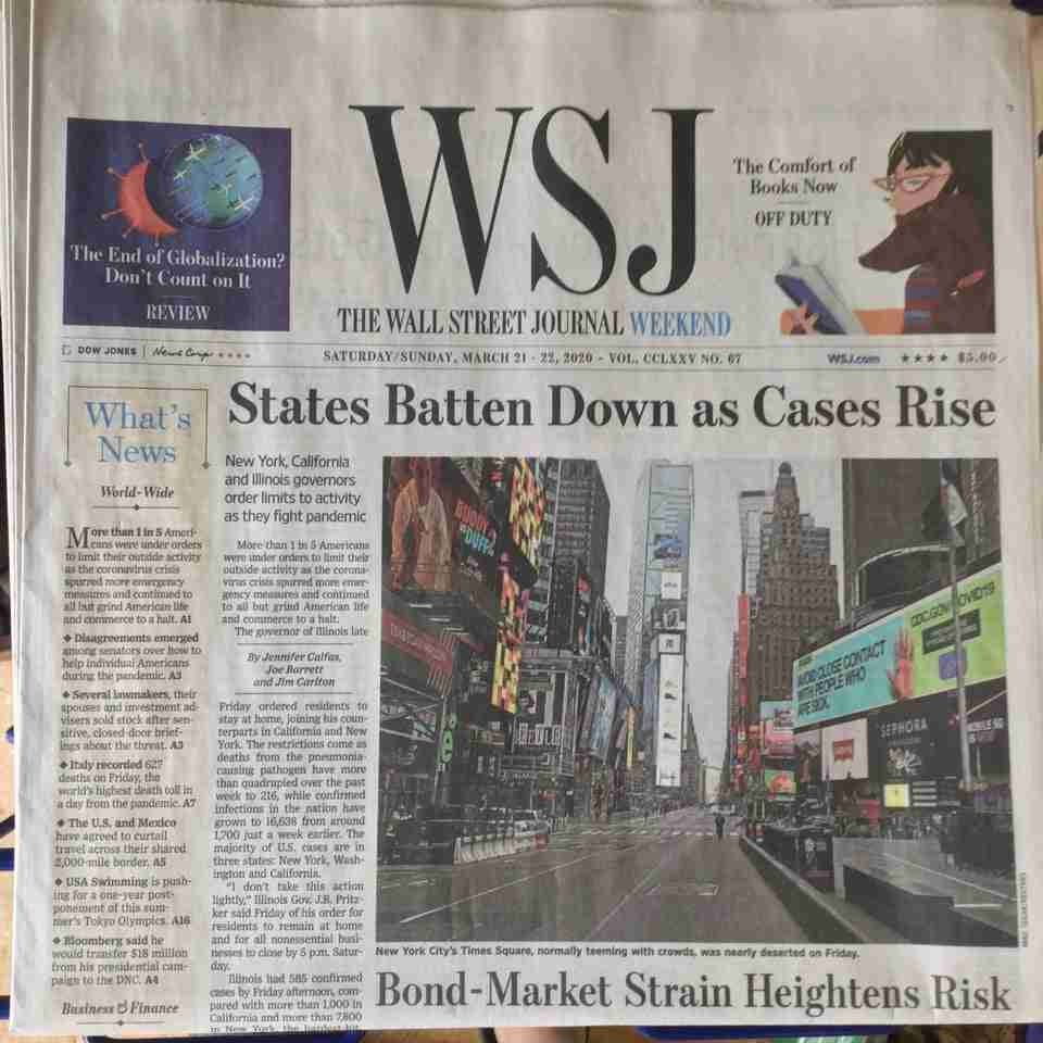 Wall Street Journal newspaper front page above the fold on March 21st, 2020 with the headline: States Batten Down as Cases Rise.