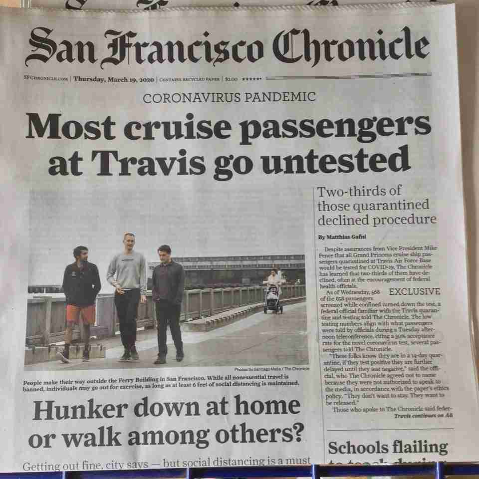 San Francisco Chronicle newspaper front page above the fold on March 19th, 2020.