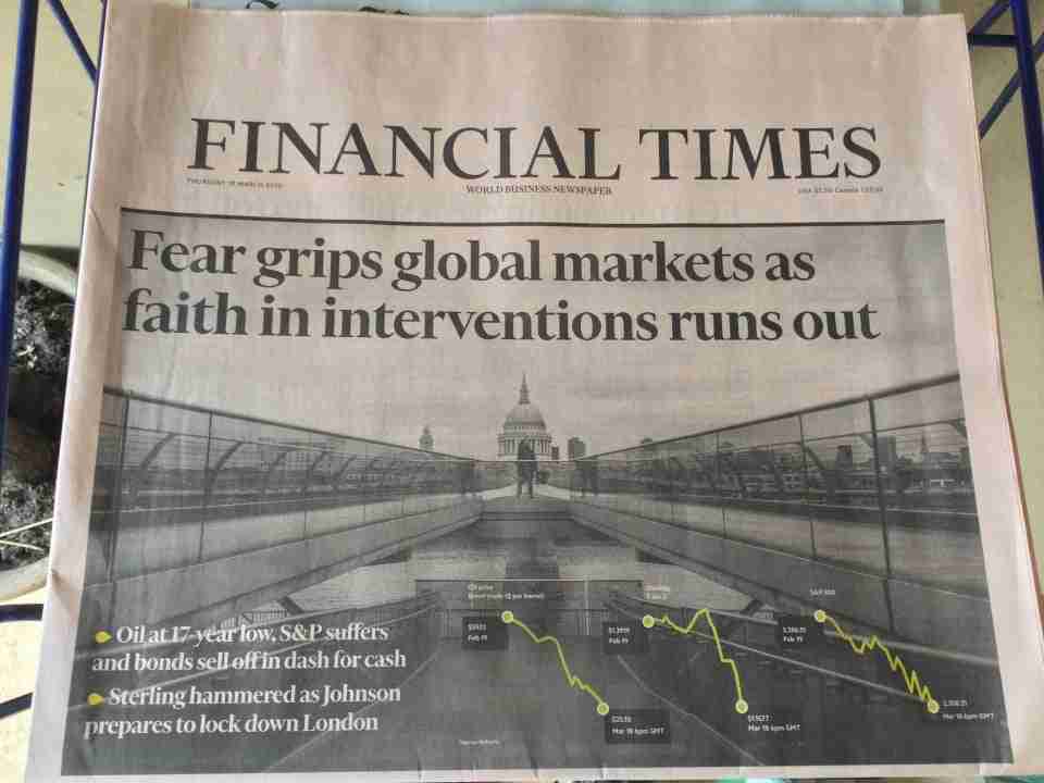 Financial Times newspaper front page above the fold on March 19th, 2020.