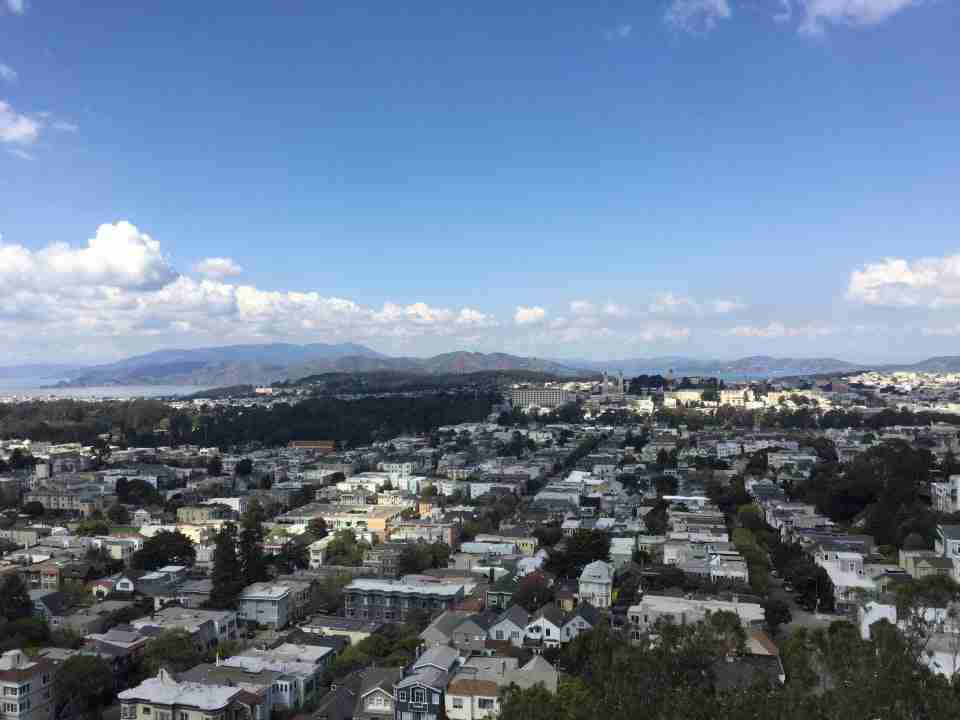 Blue skies with white puffy clouds in the distance over a clear view of Mount Tam, the Marin Headlands, Golden Gate Bridge all in the distance, Golden Gate park and surrounding neighborhoods down below.