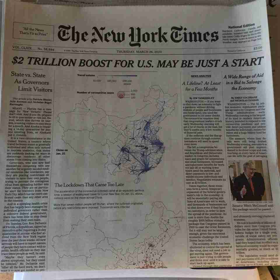 New York Times newspaper front page above the fold on March 26th, 2020 with main headline: $2 TRILLION BOOST FOR U.S. MAY BE JUST A START.