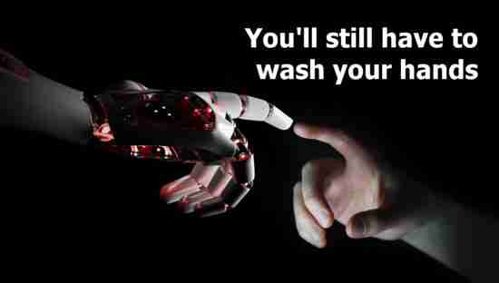 Red robot hand making contact with human hand on dark background 3D rendering